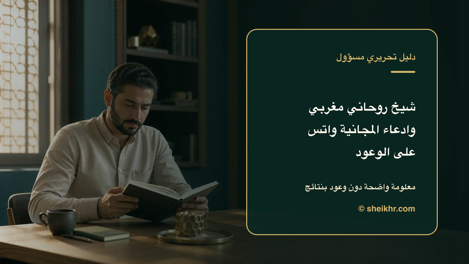 غلاف تحريري عن شيخ روحاني مغربي وادعاء المجانية واتس اب يوضح أسئلة تكشف الادعاءات